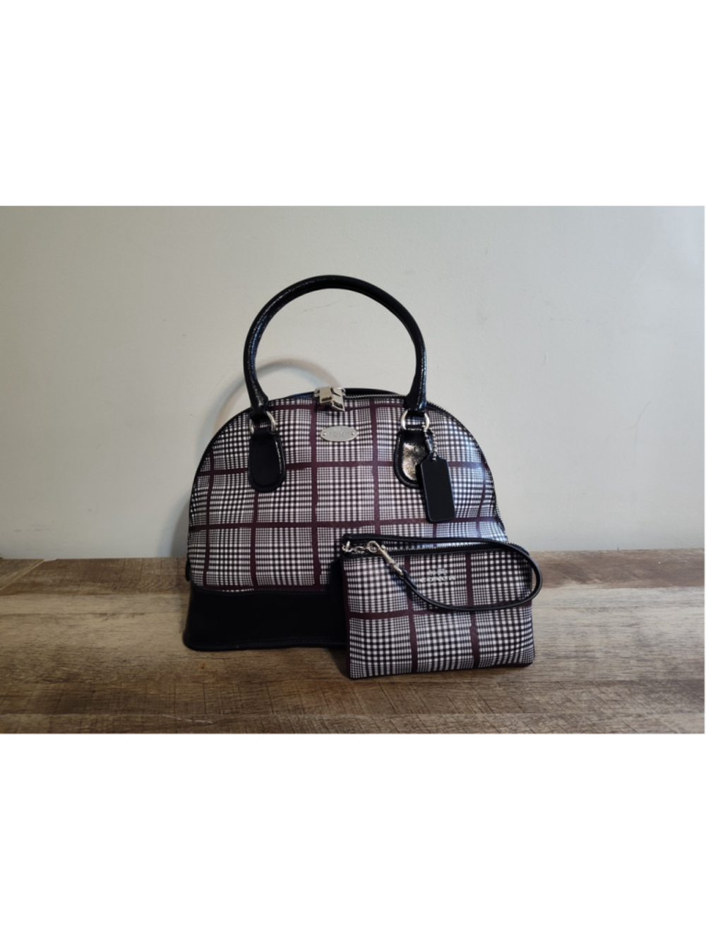 Women's Coach Plaid Satchel Bag with Matching Wristlet, One Size, Black/White